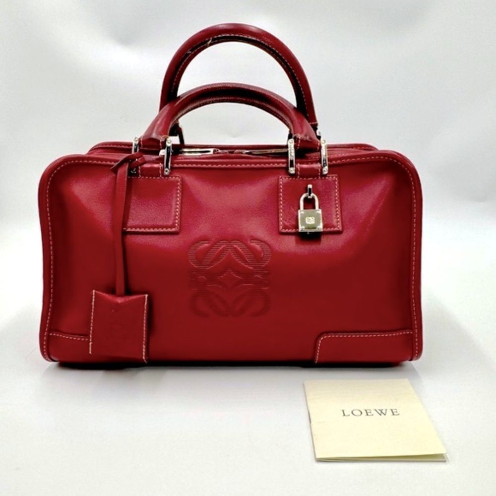 Auth Loewe Ruby Red Semi Structured Amazona 28 Anagram Top Handle Tote Bag